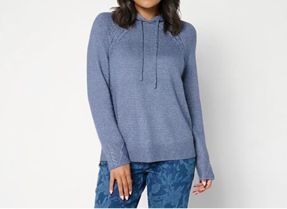 Logo Lori Goldstein Med Heathered Blue Raglan Sleeve Hooded Sweater A712451 NWOT